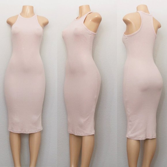 Zara High Neck Sleeveless Midi Dress Stretch Ribbed Knit Bodycon Blush Nude M - Picture 2 of 10